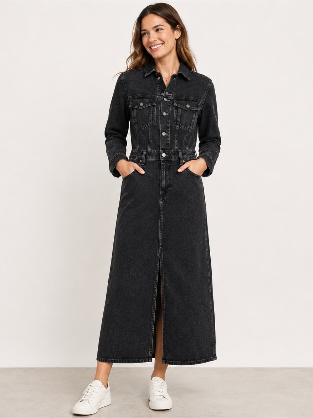 Long Sleeve Denim Maxi Dress Universal Thread Black Wash NWT Size 10 - Picture 2 of 8